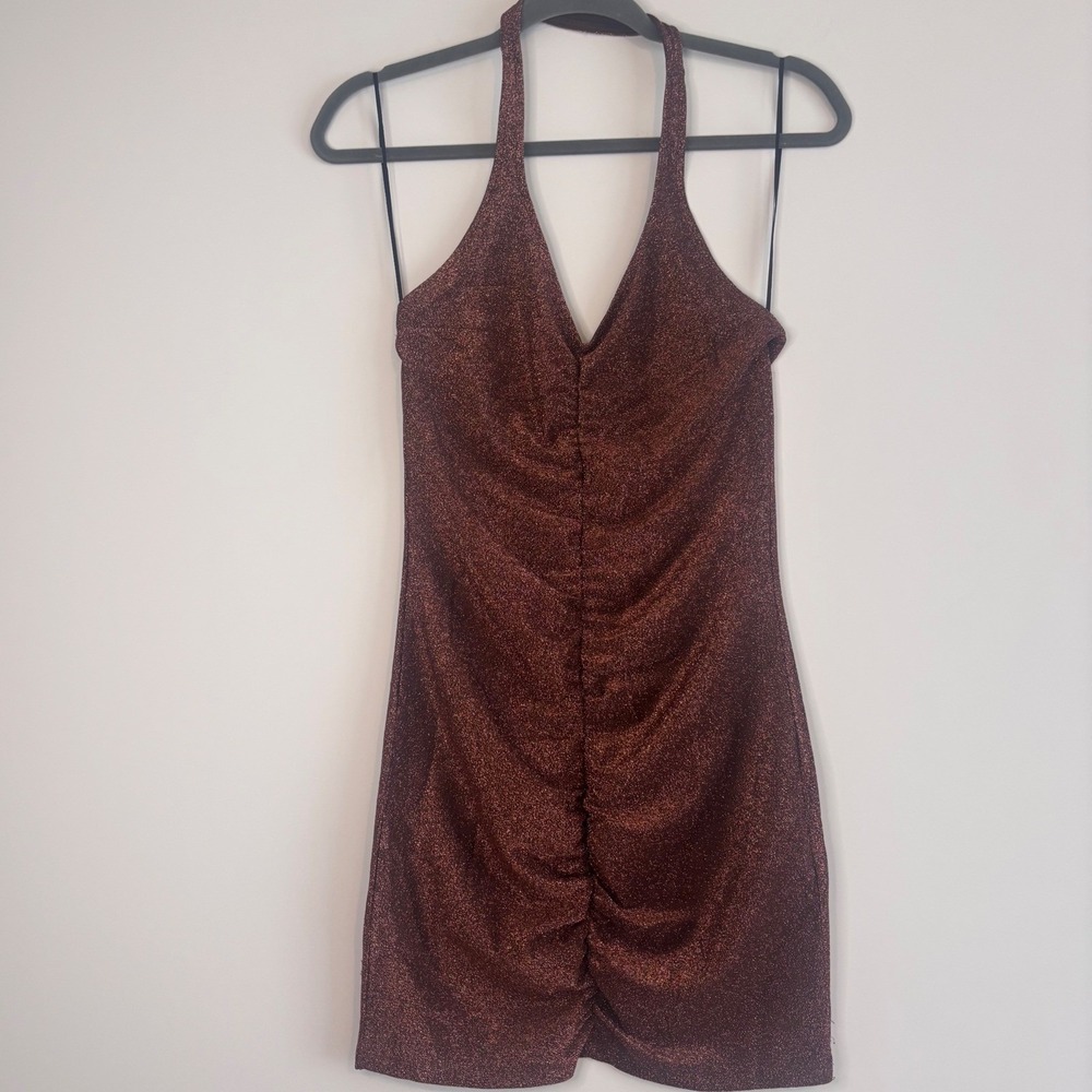 H&M Divided Bronze Metallic Mini Dress Halter Sleeveless Party Cocktail S